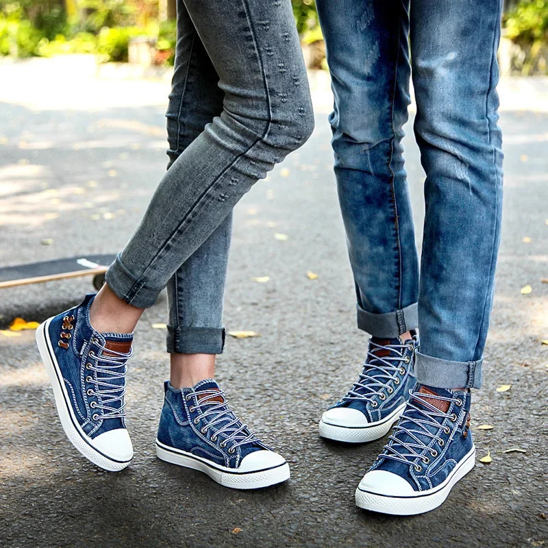 Denim Canvas Sneakers For High Top Walking Sport Round Toe Lace Up Men Casual Shoes Running Thick Sole Ladies Brand Boots
