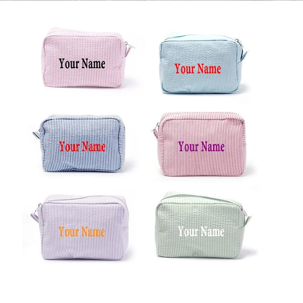 Personalized Seersucker makeup bag monochrome toilet bag embroidered makeup bag bridal makeup bag bridal gift 241031