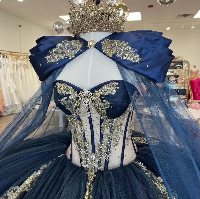 Navy Blue Quinceanera Dress With Gold Applique Cape & Ball Gown - Princess Birthday Party, Sweet 16, 2024