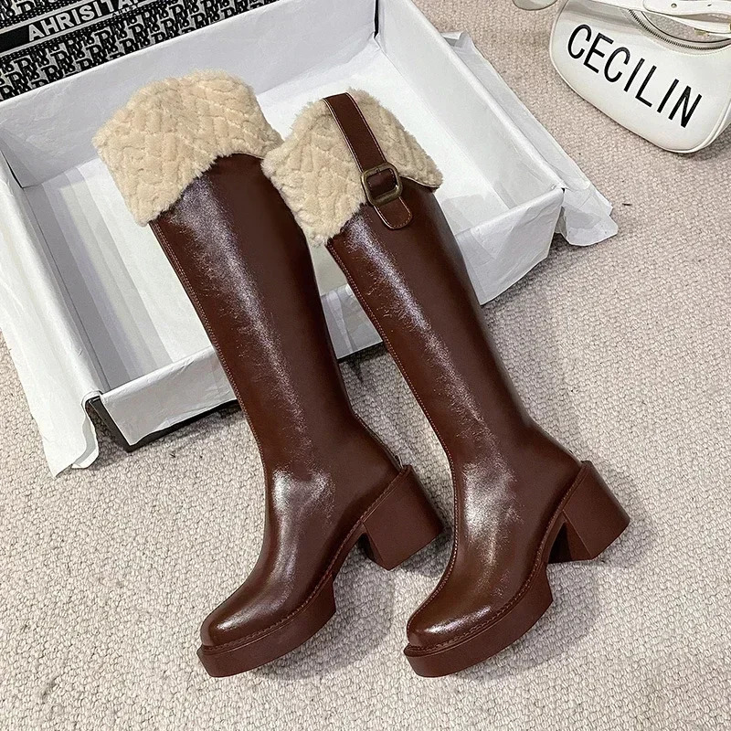 Winter Knee High Brown Long Comfort Square Heel Zip Belt Buckle Platform Boots for Women Plush Edge Warm Gothic Shoes 241030
