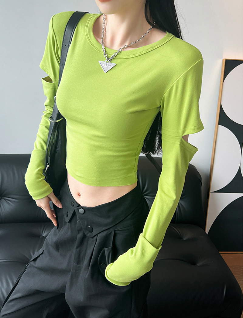 Dynamic Girls Slim Sexy Long Sleeve T-Shirt Women Round Neck Pullover Sleeve Ins Opening High Waisted Short Tops