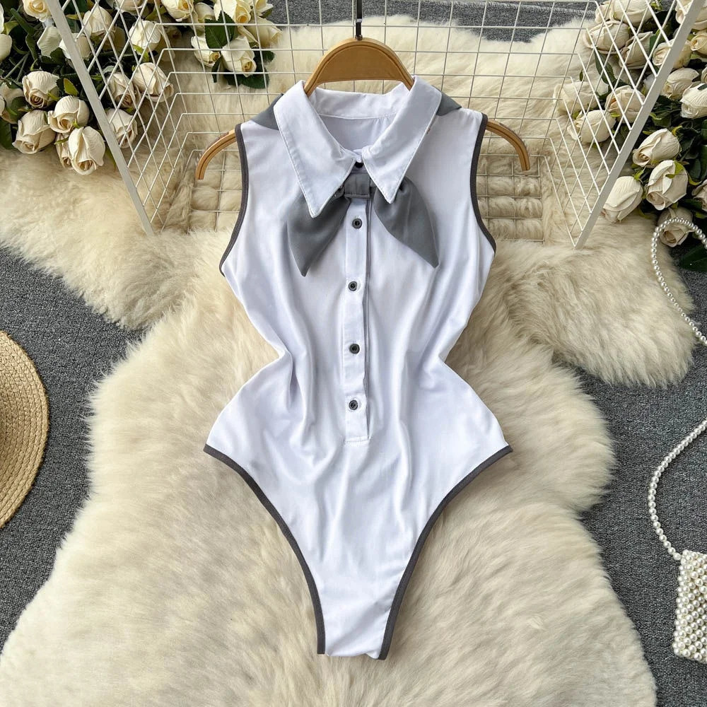 Sweet Bow Preppy Uniform Suits Button Backless Sleeveless BodysuitsPleated Skirt Lingerie Women Sexy JK Erotic Rompers Sets 241031