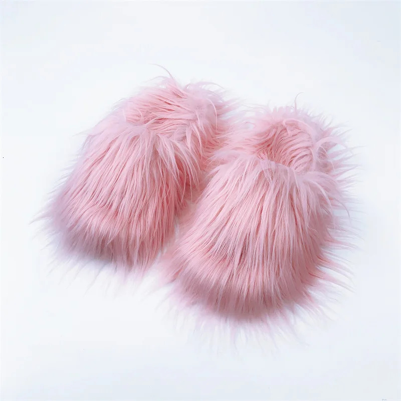 Fuzzy Slides Fur Slippers Women Open Toe Raccoon Fur Slides Woman Shoes Women Flat Half Slippers 241031