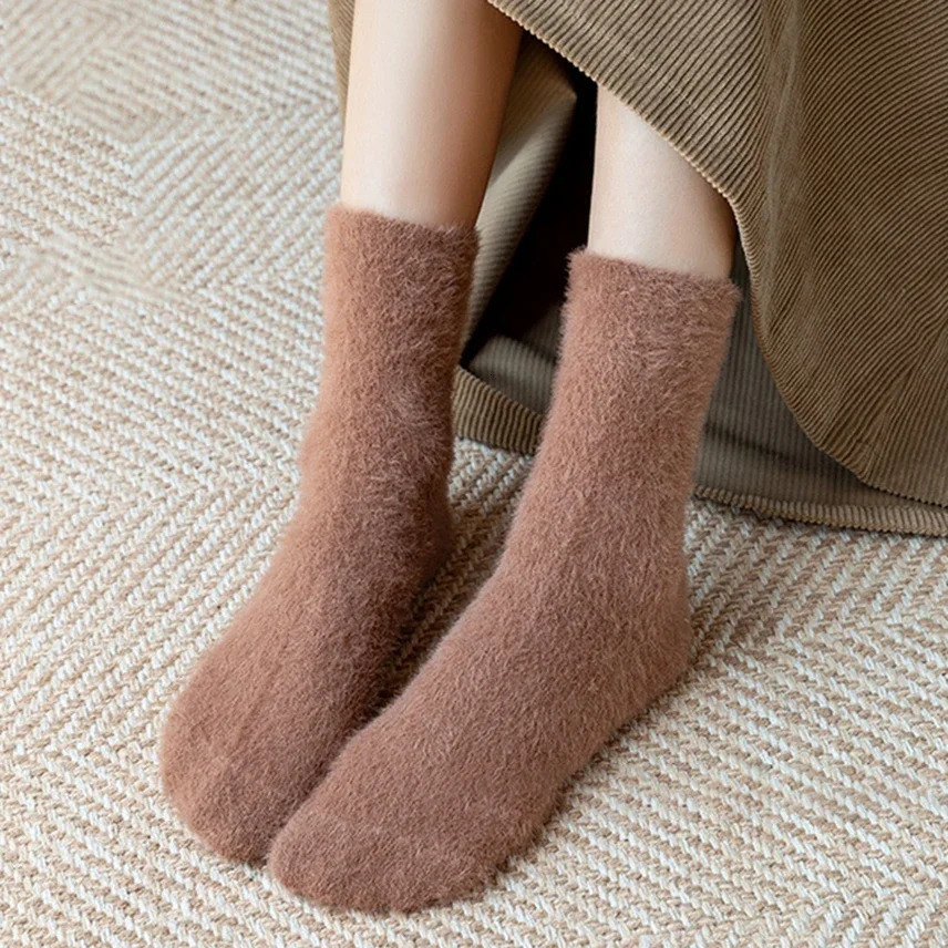 Women Winter Warm Soft Fluffy Socks Solid Thermal Snow Socks Mink Fur Seamless Short Fuzzy Slippers Socks Calcetines Mujer 241031