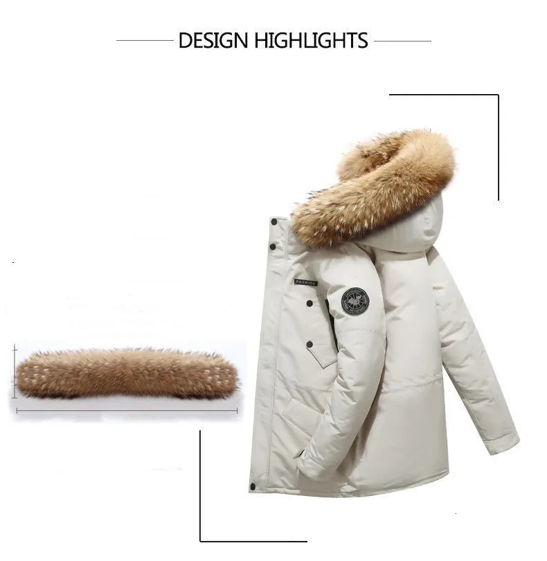 High quality mens winter white duck long down jacket with hooded fur collar mens outdoor windproof thick warm casual jacket 241030