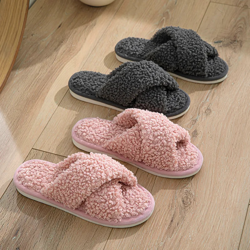 Fashion Cross Strap Fuzzy Slippers Women Indoor House Non Slip Warm Plush Woman Slippers Winter Comfort Soft Sole Cotton Slides 241031