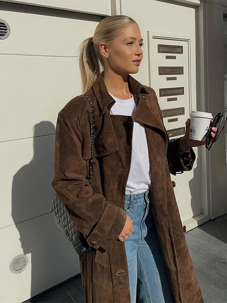 Belt Suede Long Trench Coat Women Loose Casual Velvet Maillard Windbreaker Outwear Autumn Double Breasted Commute Overcoat 241031