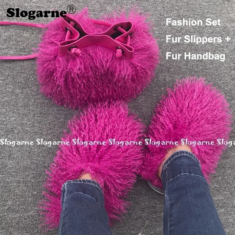 Womens fashion set fur slider fur handbag womens faux fur set fur leather bag wallet indoor shoes Plus size 49 241031