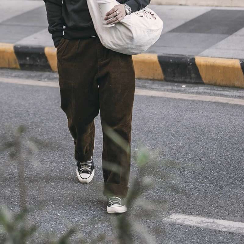 Non Stock Pleated Front Corduroy Pants High Rise Mens Warm Slac Casual Trousers