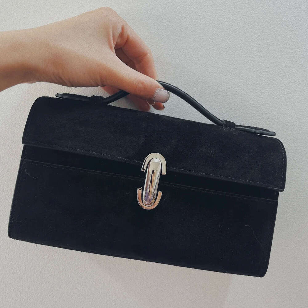 First-Layer Cowhide Vintage Handbag 25 Women Niche Design Black Suede Flip Clutch Genuine Leather Handheld Small Square Bag