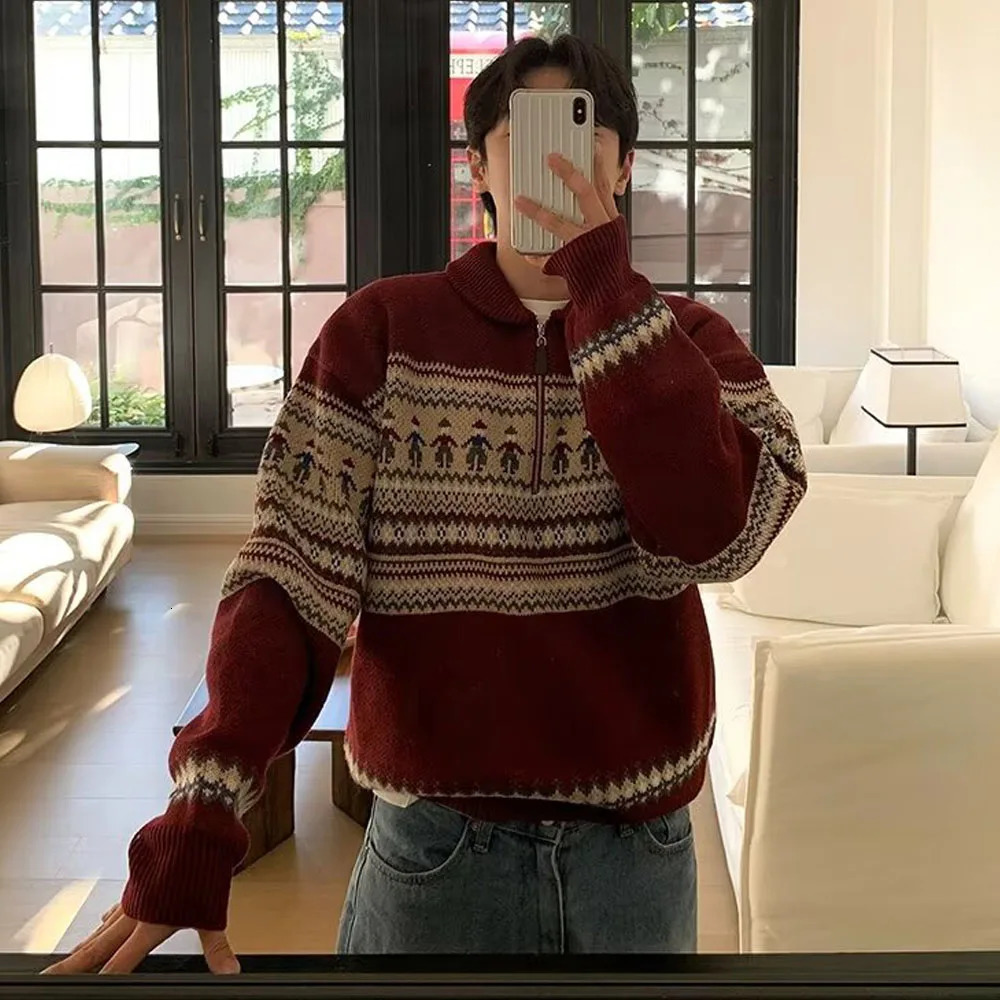 Korean Style Mens Zip up Christmas Y2K Knitwear Pullovers Sweatshirts Striped Knit Turtleneck Sweater For Men Streetwear Jumper 241031