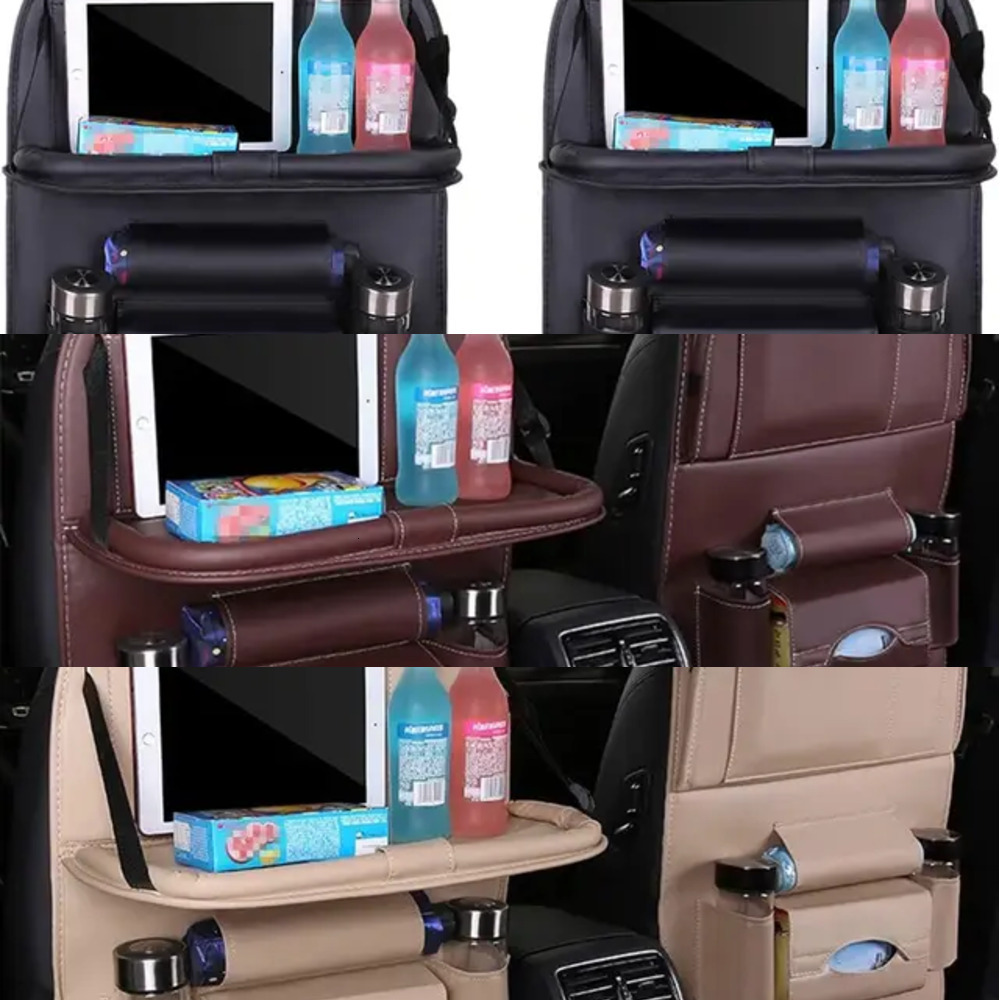 New 1Pcs Car Back Foldable Table Tray PU Leather Storage Organizer With Pockets Kick Mats Seat
