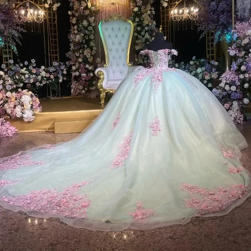 Mexican Light Mint Green Princess Quinceanera Dresses Ball Gown Pink 3D wers Appliques Lace Beading Tull Corset Sweet 16 Dress Vestidos De 15 Anos