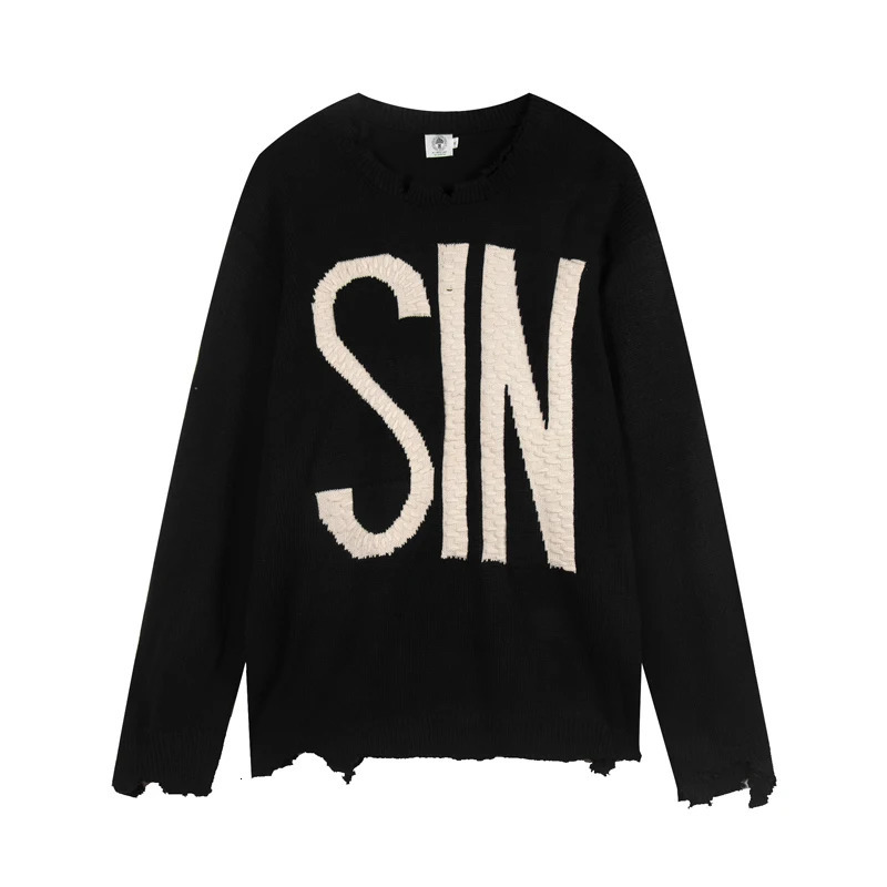 SAINT Knitted Sweatshirts SIN Letters Print Destruct Sweater OVERSIZE Casual Crew Neck Pullover 241031