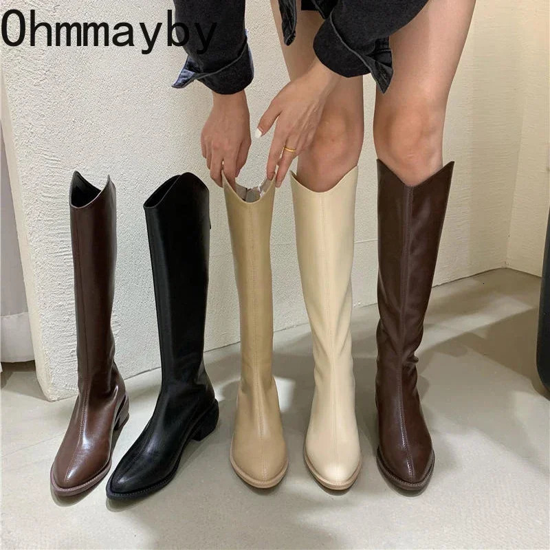 Women Knee High Boots Fashion Elegant Pointed Toe Side Zippers Shoes Square Heel Womens Western Cowgirl Booties 241030