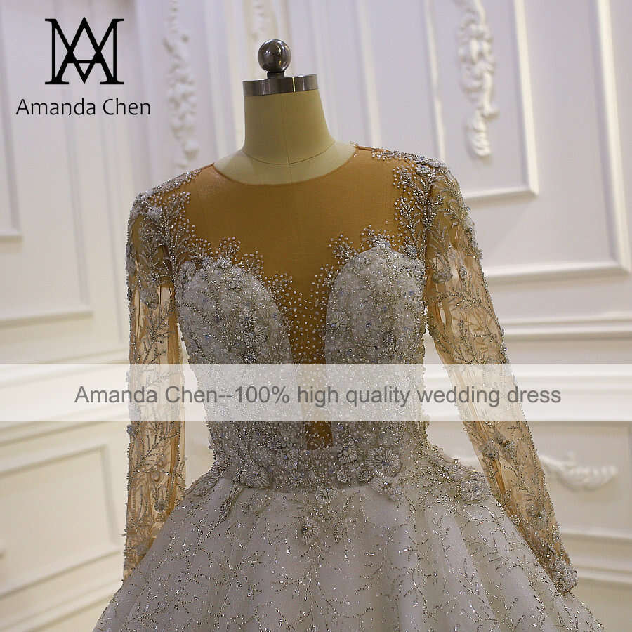 robe femme Full Sleeve Lace Appliques Crystal Wedding dress
