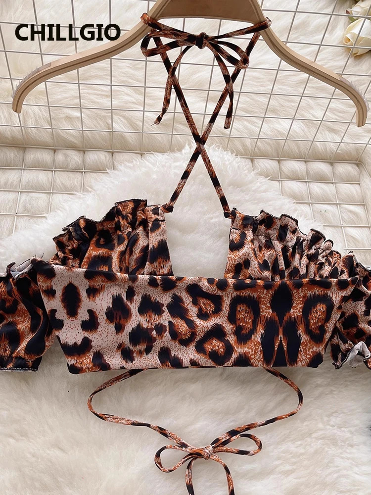 CHILLGIO Women Sexy Leopard Print Skirt Suits Fashion Off Shoulder Halter Camisole Ruched Pencil Skirts Two Pieces Pajamas Sets 241031