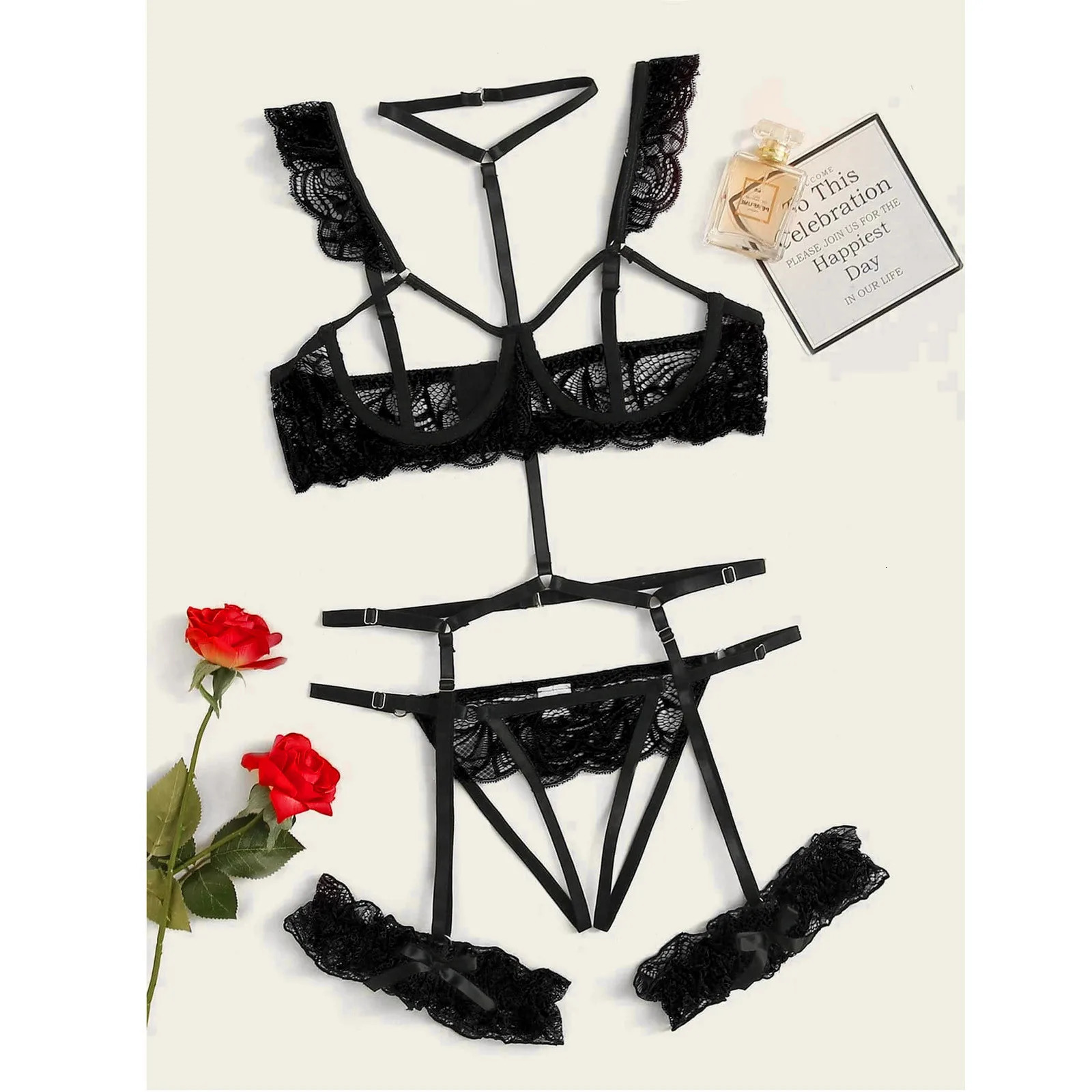 Woman Flower Lace Underwire Garter And Thong Sexy Bra Ultrathin Underwear Set Transparent Bra Set Embroidery Lingerie Brassiere 241031