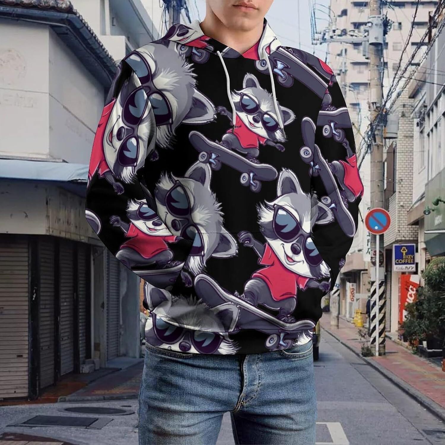 Hoodie for Mens Womens Raccoon Cool Skateboard Unisex Hoodies 3D Printed Pullover Sweatshirt Casual Hooded Sweater Tops Graphic Warm Hip Hop