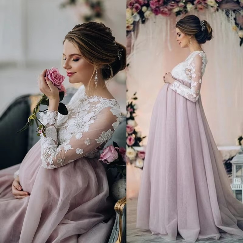 Maternity Dresses Real Photos Pregnant Women Evening Dress Long Sleeves Birthday Dress vestidos de fiesta Long Sleeves Appliques Reception prom Evenin