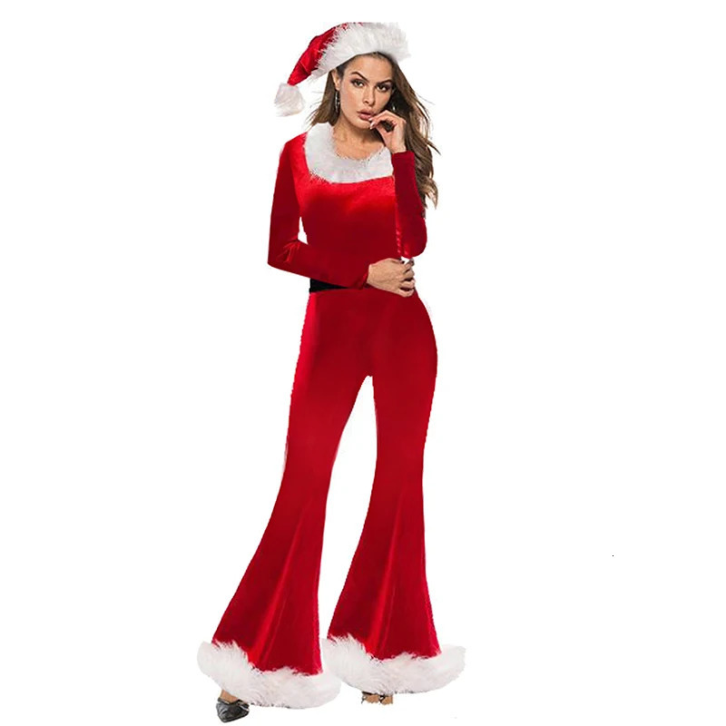 Women Red Christmas Costumes Cute Long Sleeve Flared Jumpsuit and Santa Hat Set for Cosplay Role-Playing Party Outfits 241031