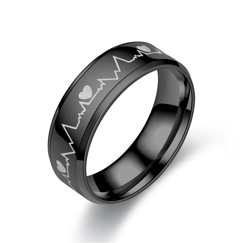 18K Gold Silver Titanium Steel Electrocardiogram Ring for Men Women Stainless Steel Couple Lovers Ring Jewelry Gift for Boyfriend Girlfriend Birthday 