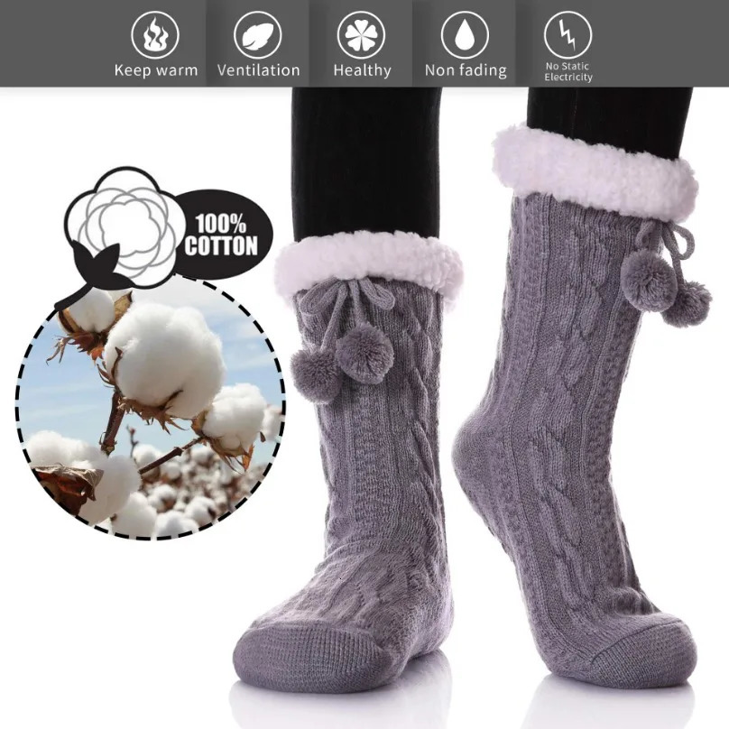 Womens Thermal Fuzzy Sock Comfy Floor Winter Sleeping Soft Female Plush Non Slip Grip Silicone Fur Ball Short Slippers Sock Home 241031