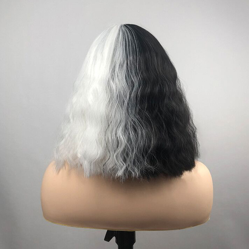 Black and white witch Halloween cosplay wig female long curly ladies wigs hair headpiece