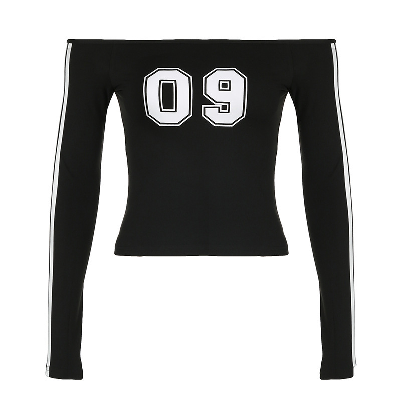 Designer's casual American sports digital printed striped contrasting one shoulder early autumn women's long sleeved crop top T-shirt
