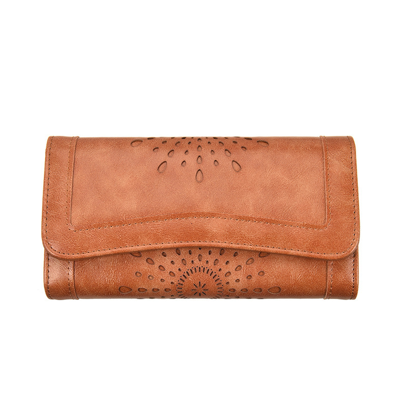 New designer oil wax PU handheld fashionable hollowed out women's mid to long money bag