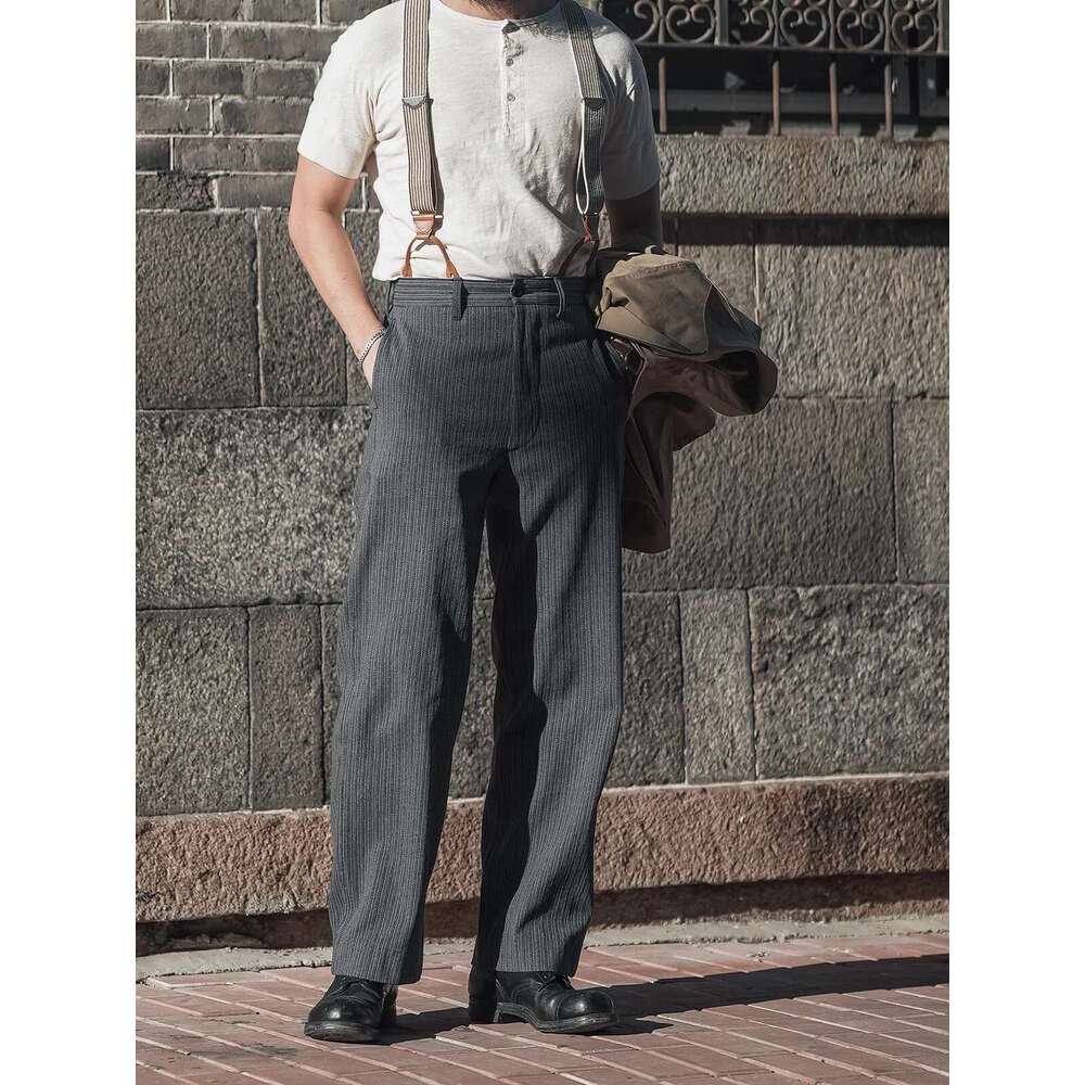 Bronson Lot 931 Vintage Black & Grey Stripes Work Pants Retro Style Men's Casual Trouser