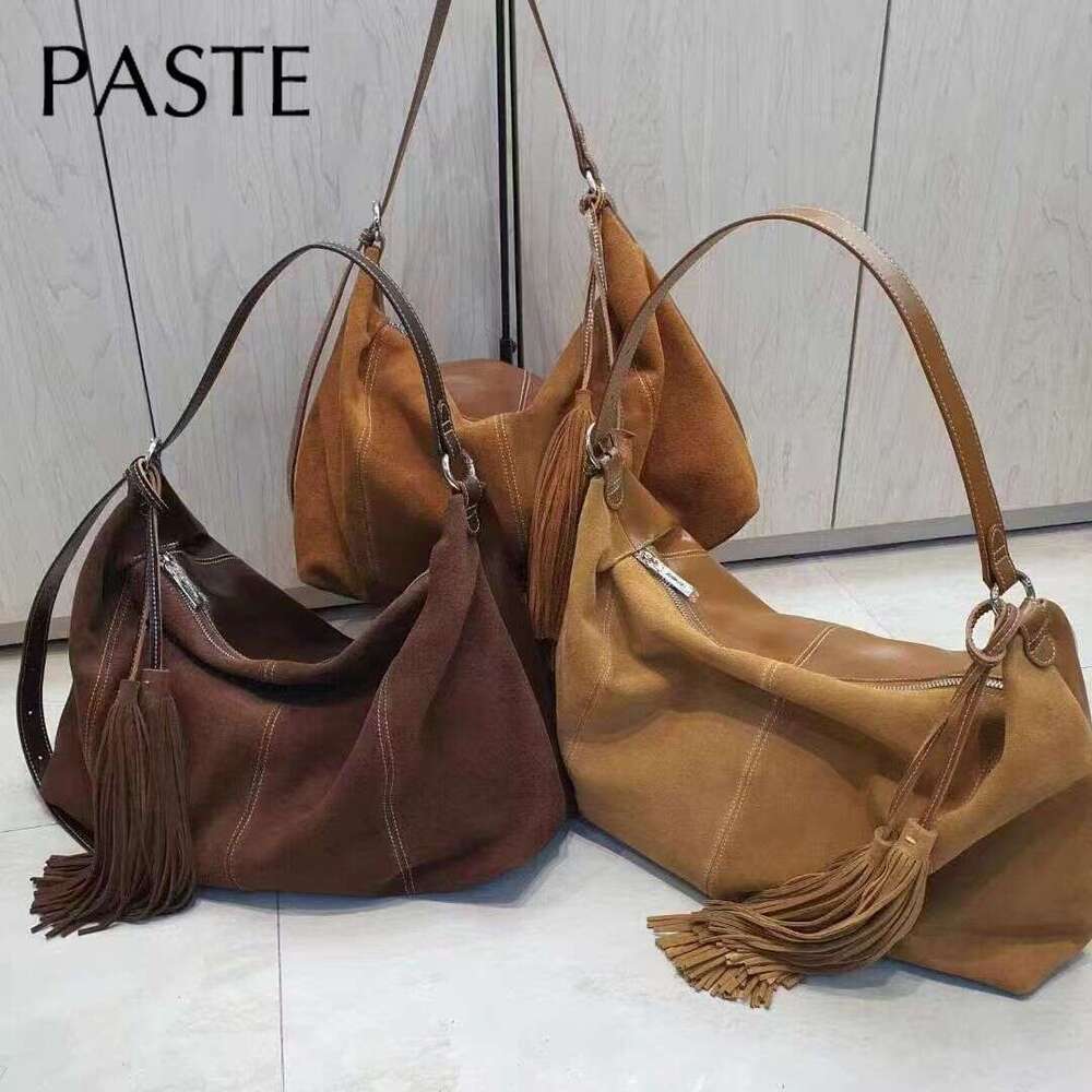 New Vintage Fringe Design Large Winter Tote Oil-Wax Patchwork Suede Leather Women Handbag High-End Underarm Shoulder Bag