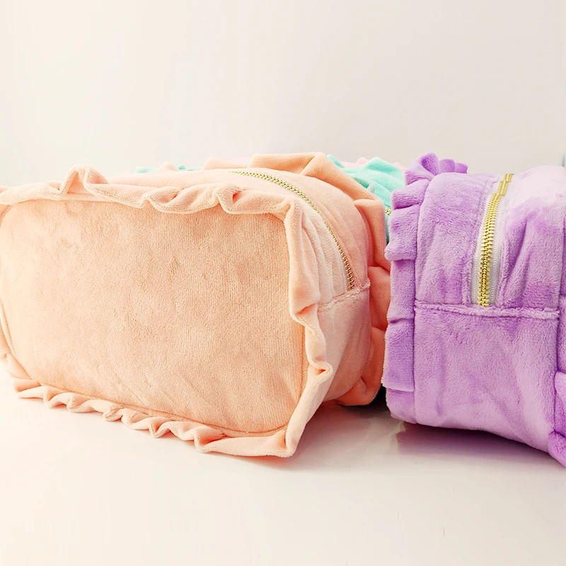 Ruffle plaid makeup bag pink/purple striped storage bag womens makeup bag with zipper crystal velvet travel makeup bag 241031