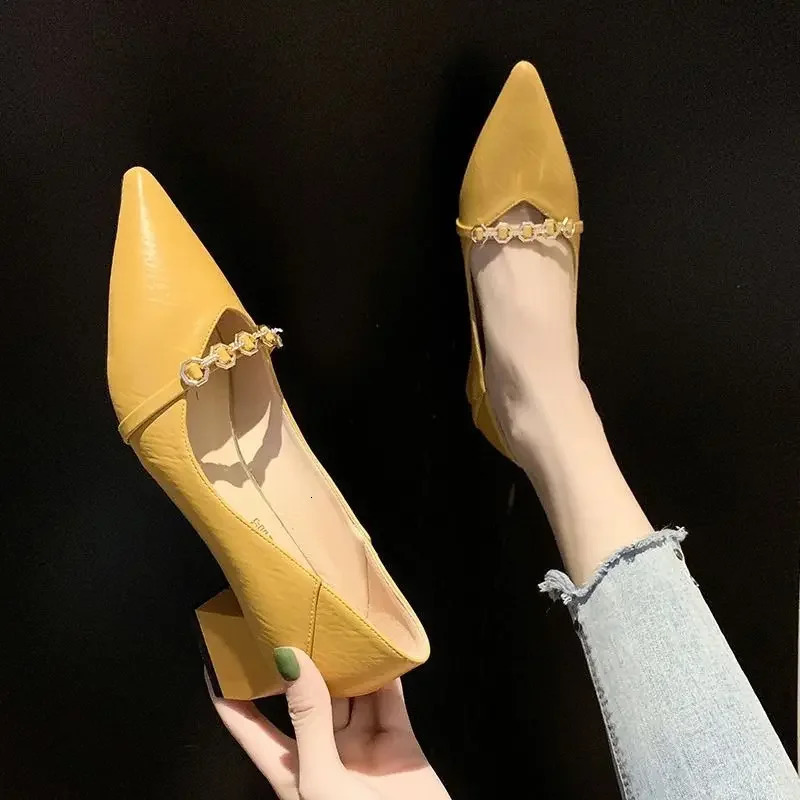 Square Heels Pointed Toe Metal Decoration Green with Medium Ladies Footwear Chunky Womens Shoes A Elegant Dress Non Slip Trend 241030