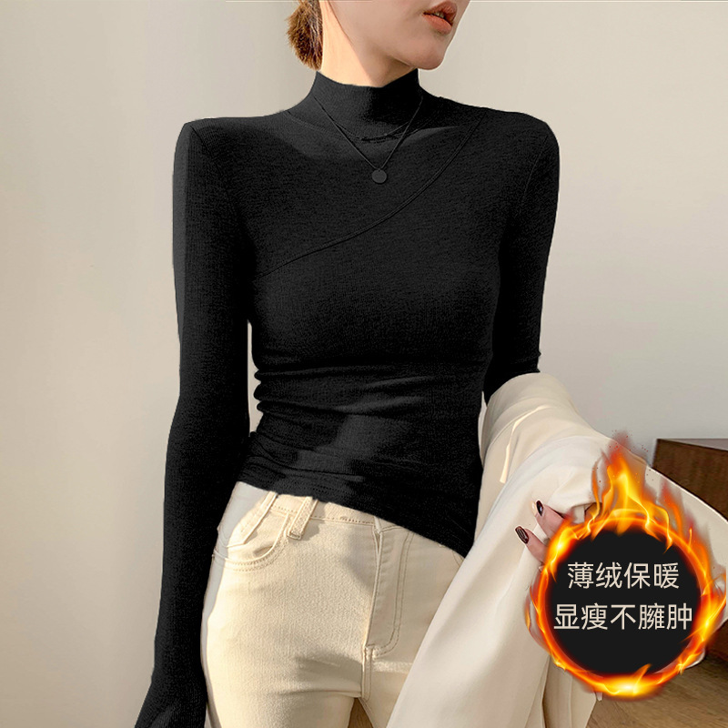 Designer selects elasticity cotton semi high neck base shirt women's T-shirt 2024 autumn winter new item, with tight fitting long sleeved and plu