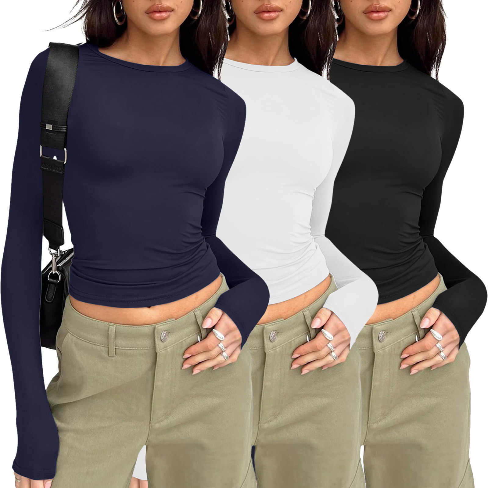 2024Designer casual long sleeved spring and autumn solid color slim fit pullover T-shirt women's street wear base shirt top three piece set