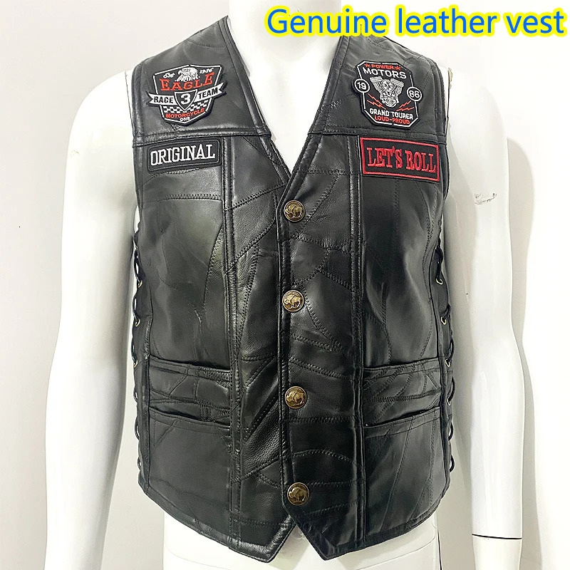 Casual Mens Moto Leather Vest Patch Motorcycle Sleeveless Jacket Biker Streetwear Waistcoat Locomotive Club Punk Veste 241031
