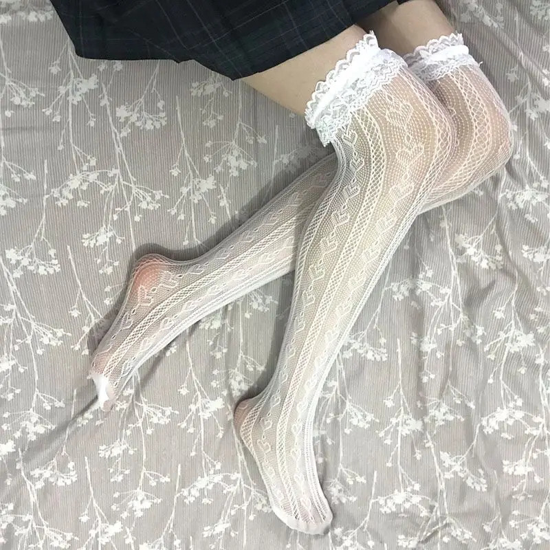 Women Lace Lolita High Tube Thigh Knee Socks Female Cute Long Tube Love Lace Japanese College Style Ultra-thin Sexy Black Socks 241031