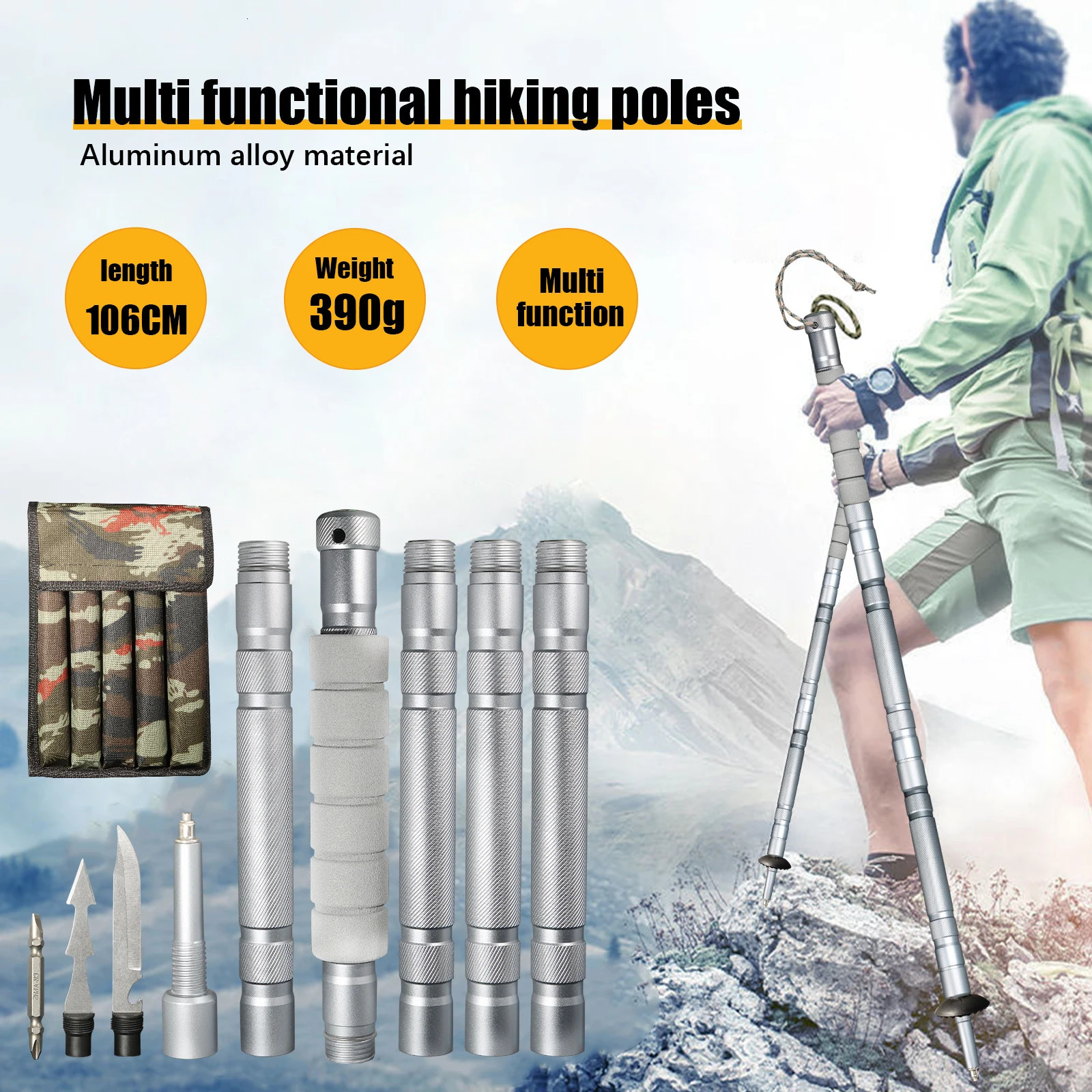 Trekking Pole Multifunctional Aluminum Hiking Walking Sticks Folding Outdoor Camping Hiking Stick Adjustable Ultralight 241031