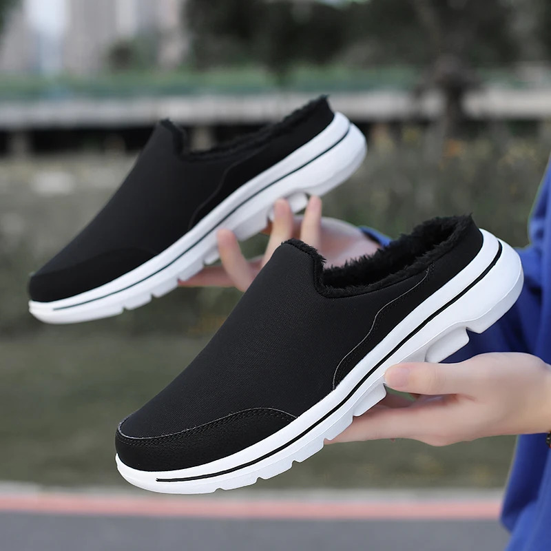 Winter Men Cotton Casual Shoes Comfortable Warm Mens Home Slippers Half Loafers Snow Shoes with Fur Slip-on Light Flat Shoes 241031