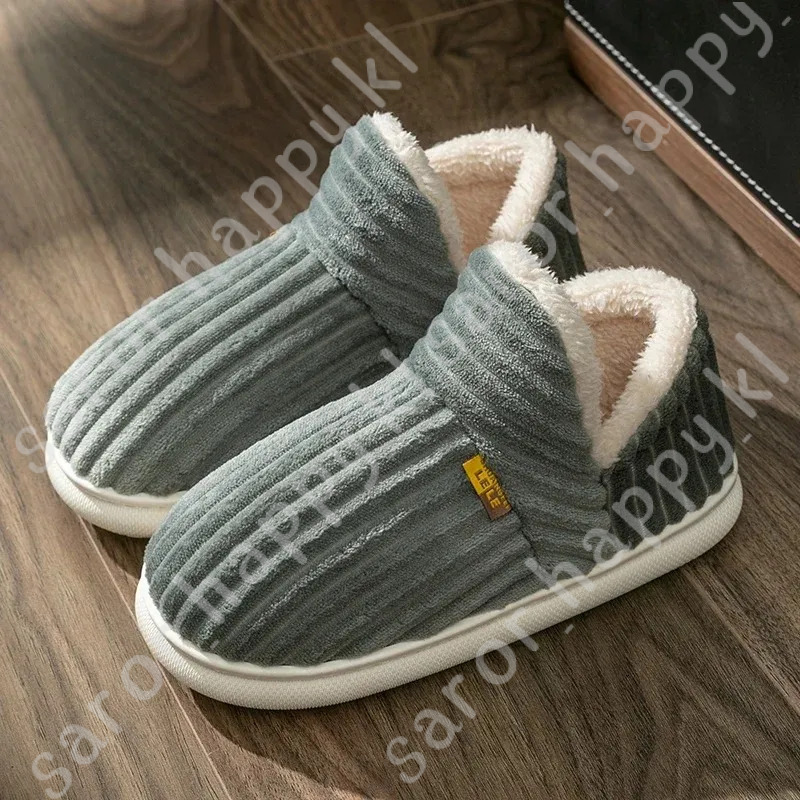 Winter Couple Style Concise Stripes Wrap Heels Plush Slippers Ladies' Non-Slip Soft Warm Flip Flops Men Home Casual Cotton Shoes 94