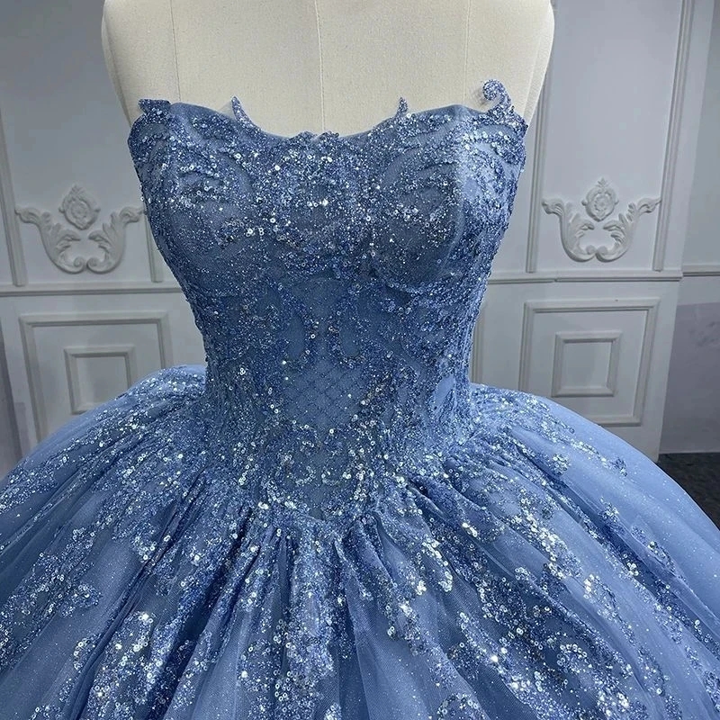 Sky Blue Shiny Off The Shoulder Quinceanera Dresses Ball Gown Sequin Lace Applique Beaded Tull Sweet 16 Vestido 15 De Anos