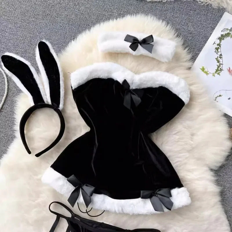 Sweet Bunny Christmas Lingerie Women Sexy Nightgowns Soft Velvet Off Shoulder Cute Rabbit Dress Lenceria Sexys Para Mujer Fina 241031