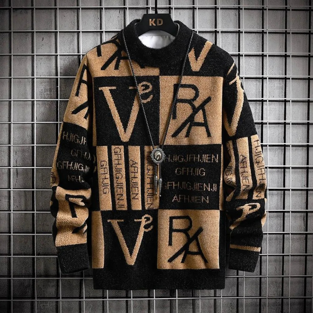 Pullovers Male Graphic Thick Mink Fur Mens Knit Sweater Crewneck Round Collar Knitwear Loose Fit Harajuku Jumpers Y2k 241031