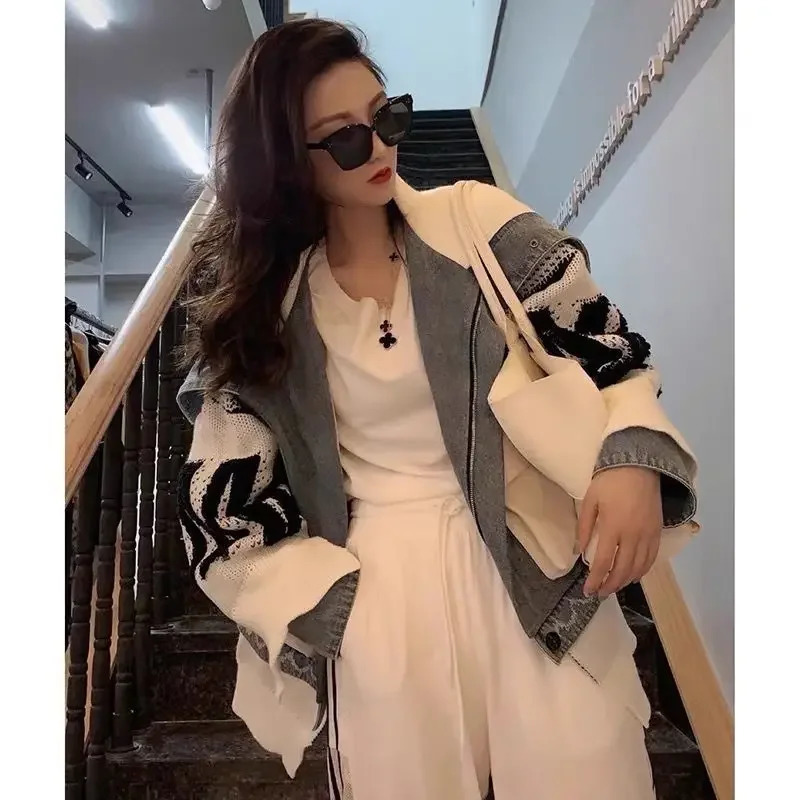 Womens Knitted Splicing Denim Jacket Autumn/Winter Sailor Collar Zipper Jeans Sweater Splicing Jacket Open Pocket 241025