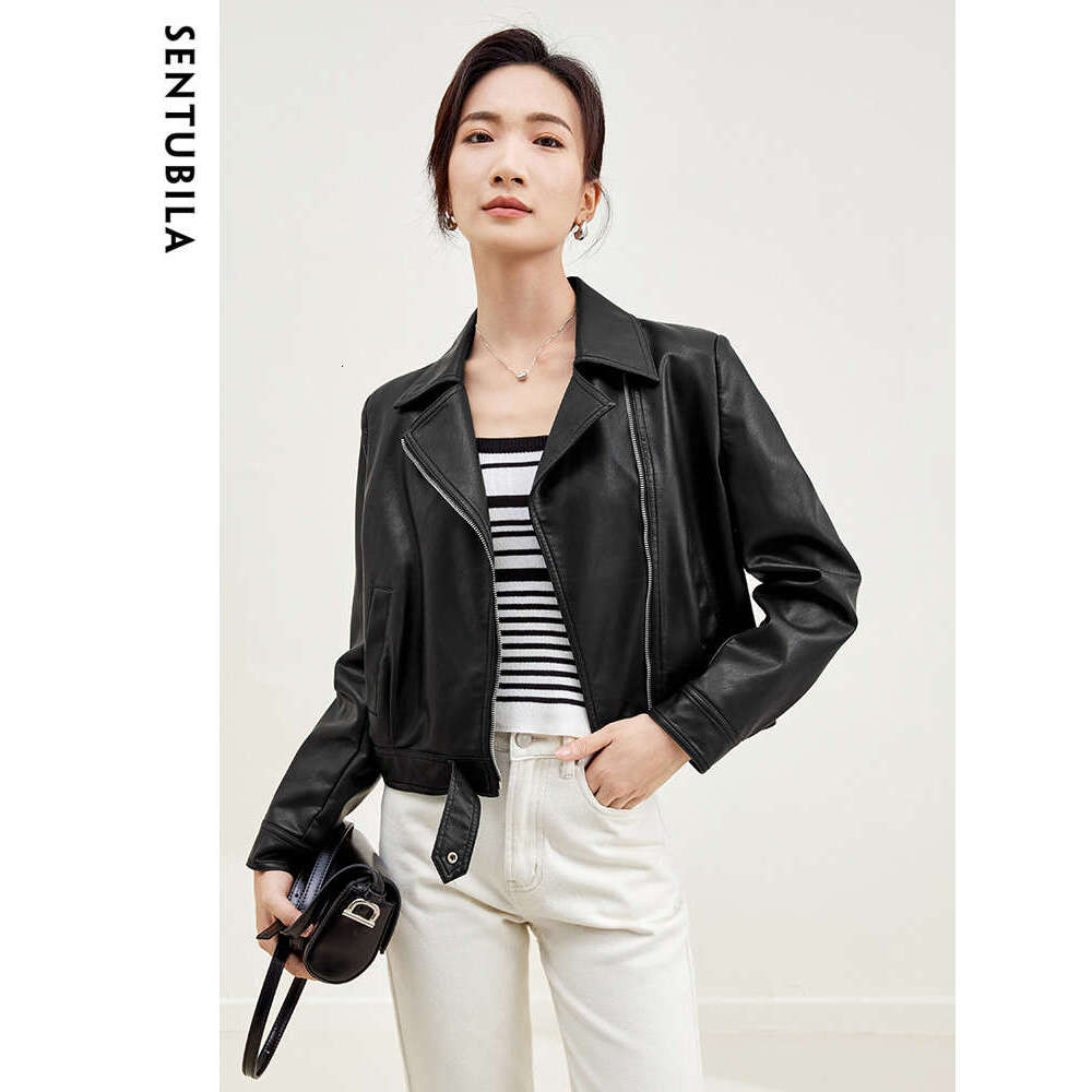 SENTUBILA Cropped Pu Bomber Women 2024 Autumn Winter Vintage Lapel Zip Up Faux Leather Jacket Motorcycle Coats