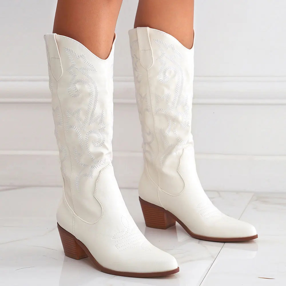 Cowboy for Women Faux Suede Leaf Scroll Embroidered Point Toe Chunky Heeled Knee High Western Boots Shoes Black White 241030 4