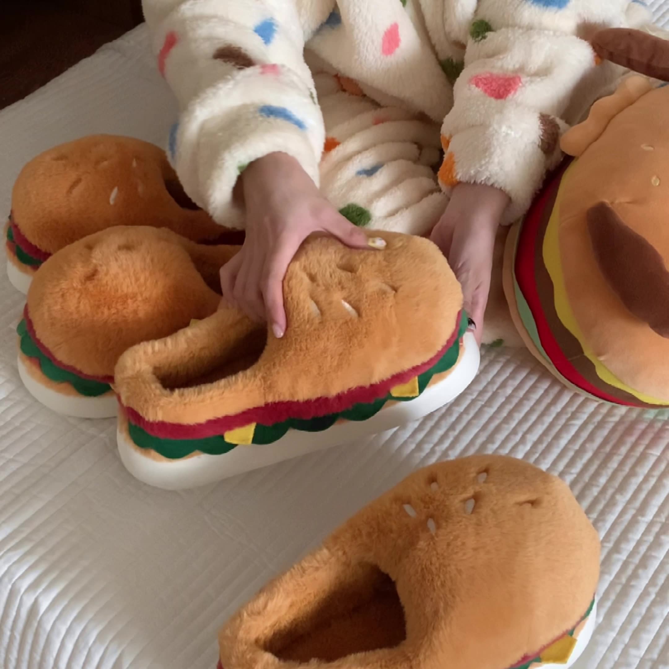 Women winter personality funny hamburger fluffy cotton slippers home bedroom warm and interesting shoes in winter