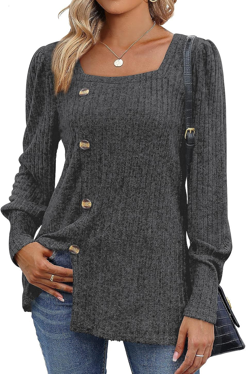 Designer's autumn and winter new item with buckle square collar long sleeved solid color t-shirt women's clothing