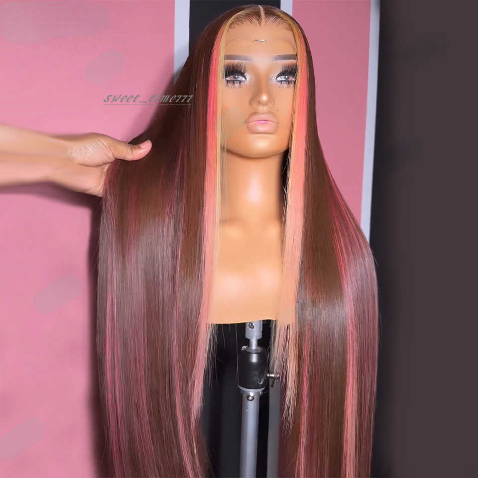 40 Inches Brown Pink Lace Front Wig Hightlight Pink Human Hair Wigs for Women Colored Straight HD 13X4 Synthetic Lace Frontal Wig Cosplay